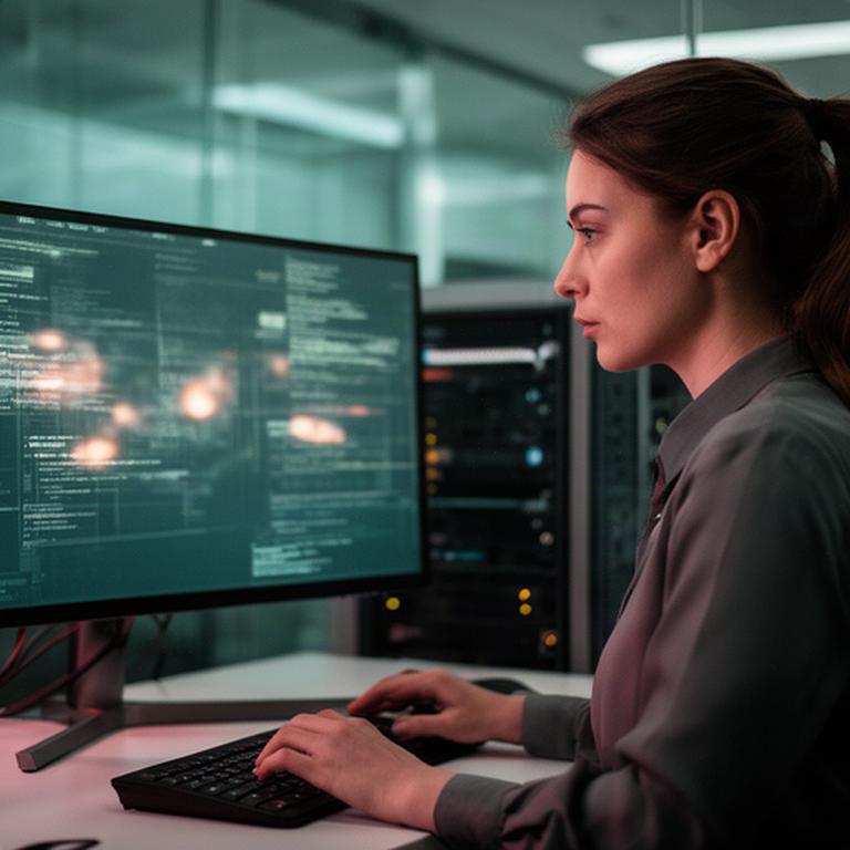 Tecnica che verifica registri digitali su un monitor in un ufficio illuminato